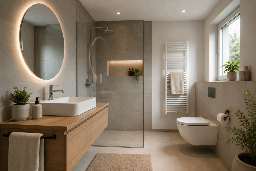Modernes Badezimmer mit Dusche, Waschtisch und WC