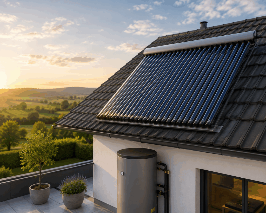 Solarthermieanlage auf einem Wohnhaus zur Warmwasserbereitung und Heizungsunterstützung