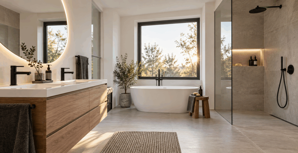 Modernes Badezimmer mit Badewanne, Dusche und Waschtisch